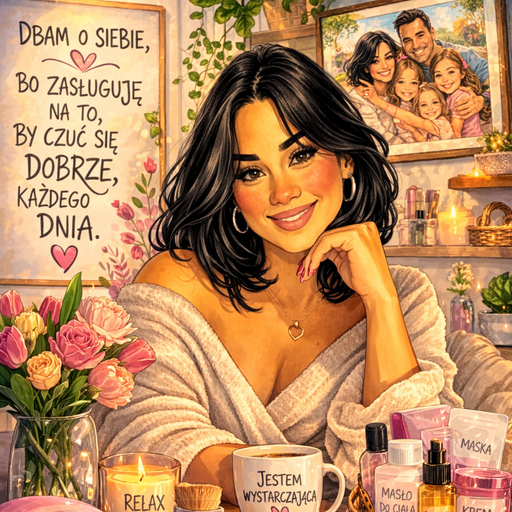 Ilustracja uśmiechniętej kobiety w szlafroku, pijącej kawę z kubka z napisem "Jestem wystarczająca". Obok leżą kosmetyki, świeca "Relax" i tulipany. W tle wisi plakat "Dbam o siebie..." oraz rodzinne zdjęcie mamy i taty z trójką dzieci. Grafika symbolizuje czas dla siebie, dbanie o własne samopoczucie i życiową równowagę.
